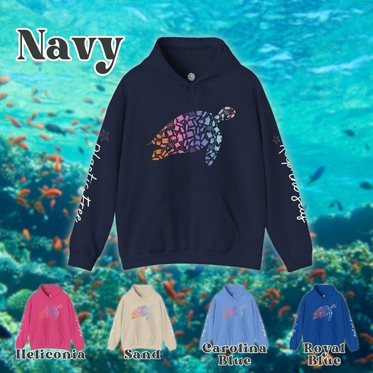 a navy hoodie with a turtle on it