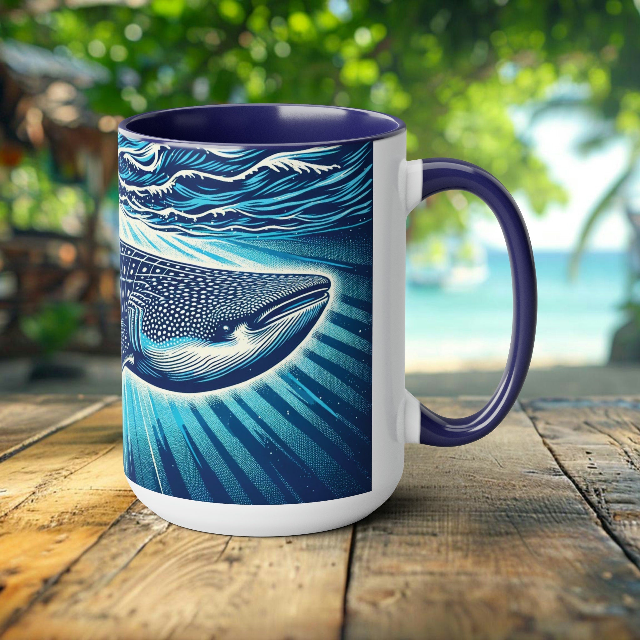 Whale Shark Woodcut Art Mug: Unique 15oz Ceramic Cup for Ocean Lovers, Perfect for Coffee and Tea, Eco-Friendly Marine Life Design